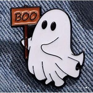 Ghost Holding Boo Sign Enamel Pin Halloween Spooky White Orange Lapel Pin